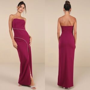 Lulus Elevated Sparkle Magenta Rhinestone Strapless Maxi Dress L Wedsing Party